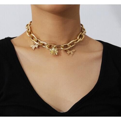 European And American Mix And Match Multiple Flower Pendant Choker Hip Hop Exaggerated Thick Chain Butterfly Necklace