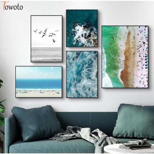 Sandy Beach Print Blue Ocean Waves Wall Art Sea Water Canvas Painting Seascape Wall Pictures for Living Room Vocation Poster