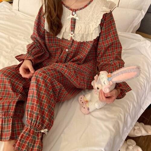 Ruffle Plaid Pajamas for Women Sweet Girls Cute Kawaii Sleepwear 2 Pieces Set Sleep Top Pant Nightwear Pjs Lounge Wear Home Suit