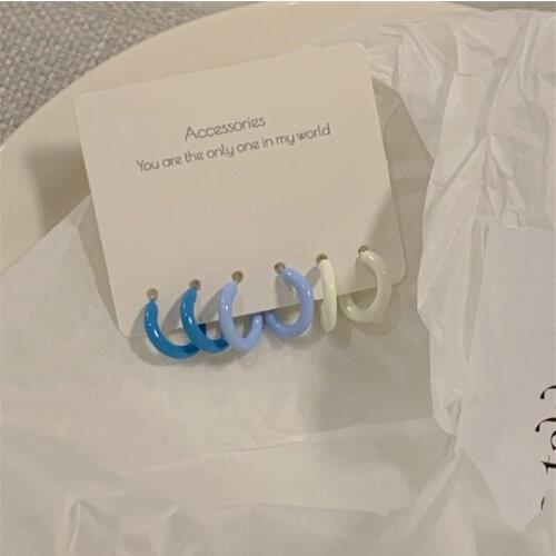 AOMU 3PCS/SET S925 Simple Cute Blue White Resin Earrings Smooth Irregular Geometric Small Hoop Earrings for Women Gifts Jewelry