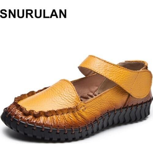 SNURULAN Vintage Woman Genuine Leather Round Toe Pleated Shoes Flats Casual Women Shoes 2020New Fashion Women Moccasin Plus Size