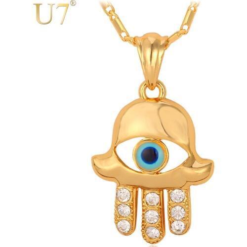 U7 Hamsa Hand Lucky Jewelry Rhinestone Blue Eye Amulet Gold Color Trendy Hand Of Miriam Illuminati Pendant Necklace P503
