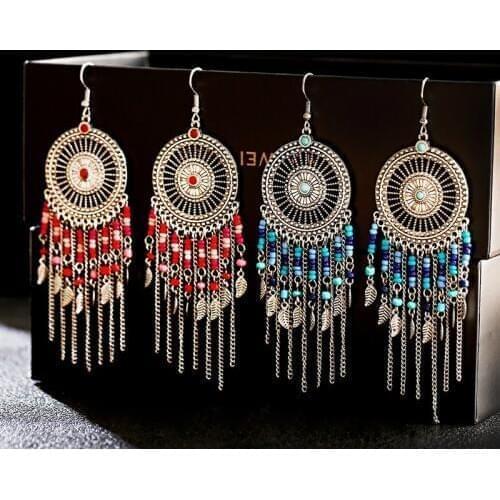 Vintage Ethnic Dream Catch Long Earrings For Women Boho Jewelry Ladies Beads Chain Tassel Jhumka Earrings Charm Wedding Jewelry