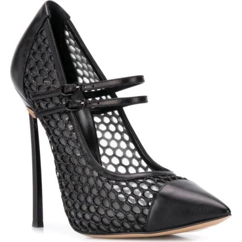Lady Shoe Mesh Pointed Toe Brand Women Shoes Ankle Strap Shallow Thin Heels Pumps High Heel Single Shoes Hollow Outs Sandalias