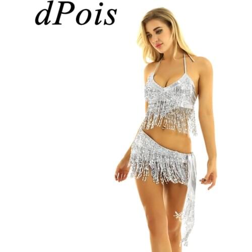 Women Shiny Sequins Belly Dance Dress Tassels Jazz Pole Dancing Team Costume Halter Tie Up Bra Top and Hip Scarf Wrap Skirt Suit