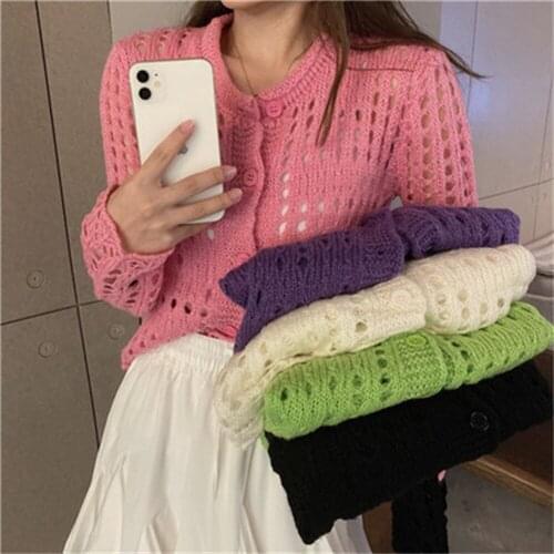 2021 Woman Sweaters Cardigan Tops Summer New Knitted Hollow Out Button Up Jackets V Neck Raglan Sleeve Thin Short Coats H399