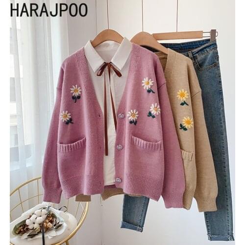 Harajpoo Women Sweaters Spring Autumn New Embroidered Flowers Forest Coat Loose Tops Outer Wear Student Ins Knitted Cardigan