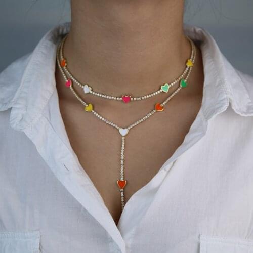 Pinky white red green colorful girl women jewelry pastel candy enamel heart charm choker chain long Y lariat women sexy necklace