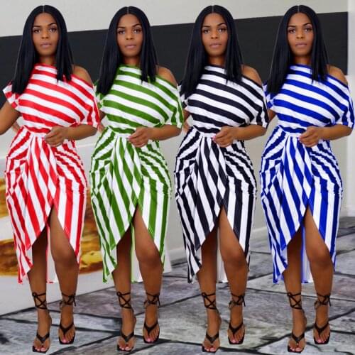 Women Midi Dress Striped Short Sleeve Diagonal Collar High Waist Asymmetrical Mid Calf Dresses Summer Fashion Outfit
