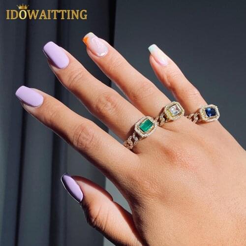 2021 New Arrived Gold Plated Micro Pave Bling Baguette Square CZ Cuban Link Chain Women Untique Design Wedding Finger Ring