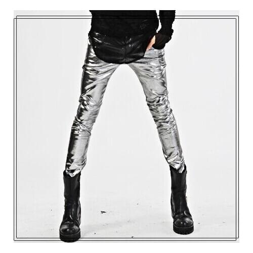 28-34 ! 2016 Mens new Male fashion silver elastic slim pencil pants casual pants ds singer costumes male stage trousers