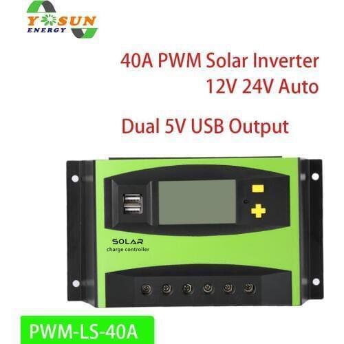 40A PWM Solar Controller 12V 24V Auto Sensing 48V Solar Charge Controller Rregulator with LCD Display Dual USB Output 5V 2A