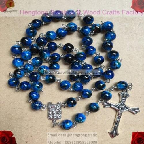 8mm blue glass beads religious rosary necklace, catholic rosary, pattern bead rosary with alloy cross and centerpiece