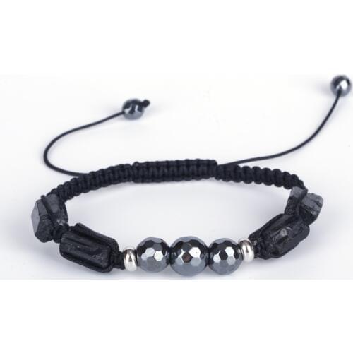 Black Healing Rough Tourmaline Semi Precious Mineral Stone Bead Charm Hematite Adjustable Macrame Bracelet for Unisex Women Man