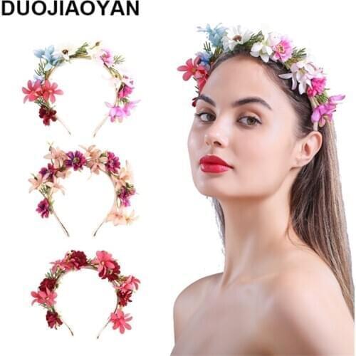DUOJIAOYAN Artificial Fabric Flower Crown Hair Vine Garland Bridal Floral Woven Headband Orchid Floral Headpiece Rattan Tiaras