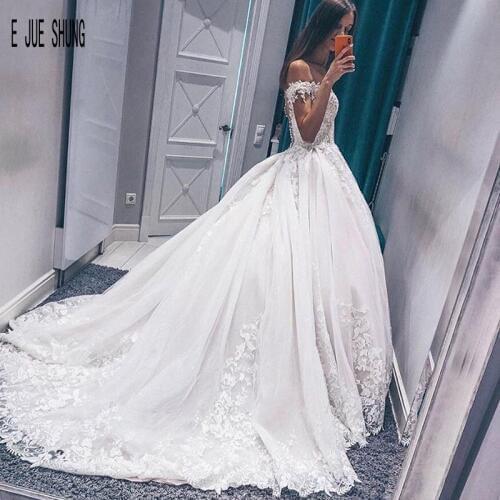 E JUE SHUNG Ball Gown Bride Dress Off Shoulder Lace Up Elegant Wedding Bridal Gowns Lace Appliques Vestido De Novia