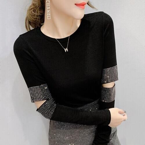 European Clothes Shiny Sexy Hollow Out Bling Diamonds T-shirt Women 2020 New Spring Autumn Tops Ropa Mujer Bottoming Shirt Tees