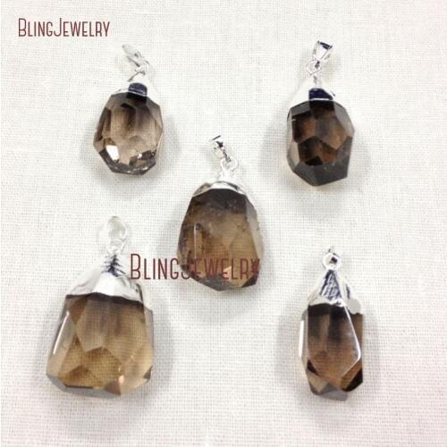 Faceted Crystal Smoky Quartzs Brown Waterdrop Pendant with Silver or Gold Dipped Trim PM12144