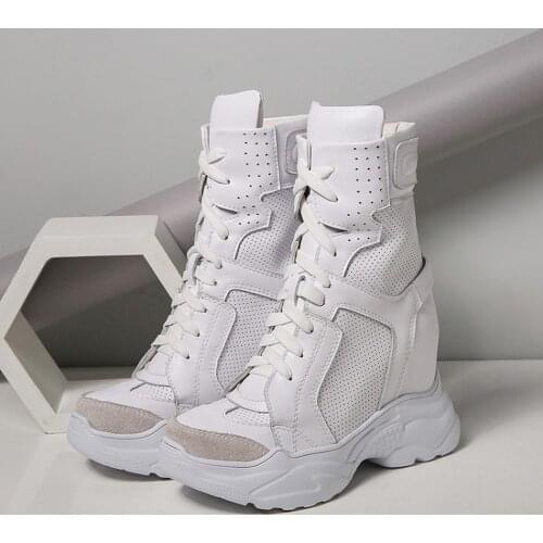 Chic Women Black White Real Cow Leather Fashion Sneaker High Wedge Hidden Heel Holes High Top Casual Sport Shoes Korean Styles