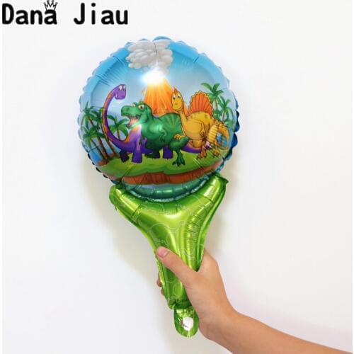 Mini Cartoon Dinosaur Foil Balloons Hand Stick With Bell Boy Birthday Party Decoration Balloons Kids Toy Animal Zoo Theme Ball