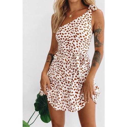 2021 Leopard Dot Mini Dress Casual Orange Spot Printing One Shoulder Soft Single Strap Summer Beach Dress for Beach Daily Wear