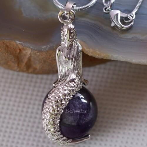 Natural Stone Mermaid Pendant Round Bead Purple Quartz Crystal Necklace Pendant E843