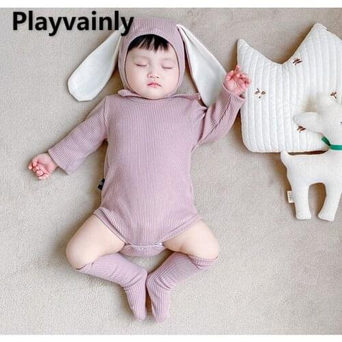 2021 New Autumn Baby Girls Bodysuit 3-pcs Sets Waffle Long Sleeves Round Collar Jumpsuit + Cap + Socks Infant Clothes 0-2Y E2999