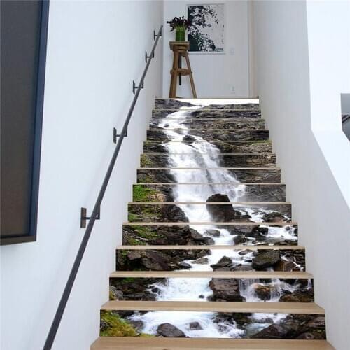 PVC wallpaper Mountain stones waterfal landscape simple 13 pieces of DIY stair stickers, step stickers, wall stickers