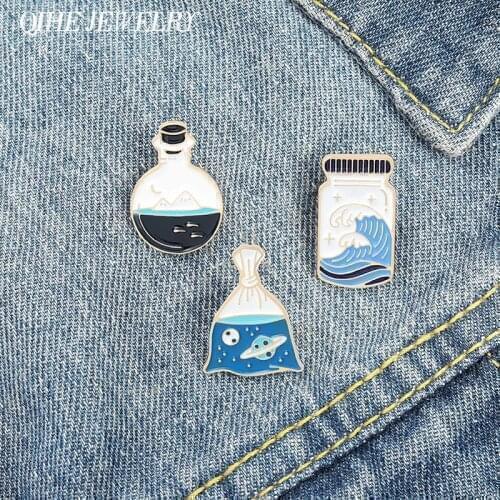 QIHE Jewelry Canned Ocean Stars Enamel Pins Drifting Wishing Bottle Brooches Clothes Bag Badges Sweet Warm Gifts for Friends