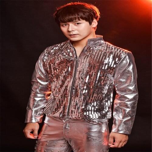 R64 Silver sequined leather suit male stage singer dress Drum ballroom dance costumes party show models wears outfit clothe club