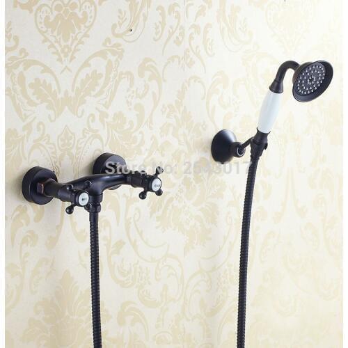 Bathroom Black Shower Faucet Wall Mounted High Quality Bathtub Shower Mixer Double Handle Control with Ceramic Hand Shower ZR034