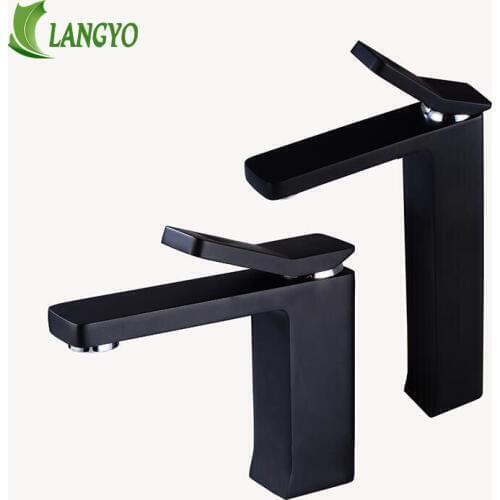 LANGYO Free shipping Black color Brass Bathroom Tall basin faucet single handle cold and hot water mixer 2018A15E/F