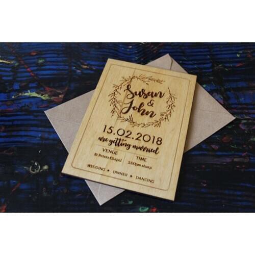 Wedding invitations Custom Wood Pyrography Wood Burned Laser Rustic boho invites foliage novels wreath trees