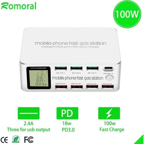 Quick Charge 3.0 USB Charger Adapter 100W 8 Ports LCD Display HUB Type C PD Fast Phone Charger For iPhone Xiaomi Huawei
