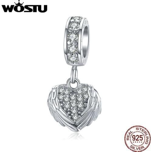 WOSTU 100% 925 Sterling Silver Wing of heart Charms Zircon Bead Fit Original Bracelet DIY Pendant Fashion Wedding Jewelry CTC138
