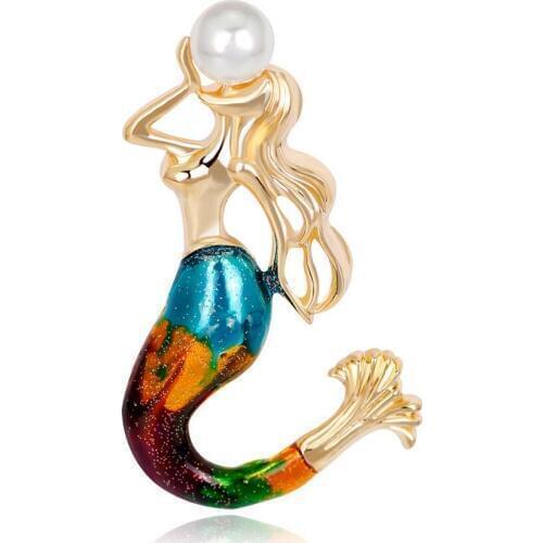 HC Elegant Colorful Enamel Mermaid Brooches Pins Women Simulated Pearls Sea-maid Brooch Pin Corsage Party Jewelry Accessories F