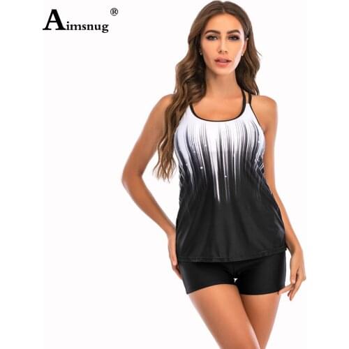 Plus Size Women Spaghetti Strap Tankini Sets Two Pieces Swimsuit Sexy Femme Clothing 2021 Fashion Gradient Print Bathing Suits