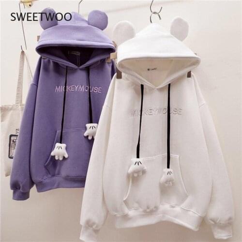 Plush Cute Kawaii Bear Ears Three-Color Hooded Sweater Female 2021 New Korean Version Loose Student Casual Sweater Coat