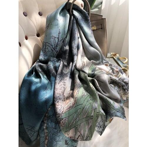 Hangzhou 100% Silk Scarf Women Natural Soft Plus Spring Autumn Ink Style Large Size Plus Long Silk Shawl dual-use 190-90