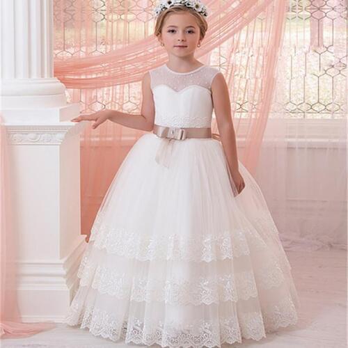 New sleeveless Cascading Lace Flower Girl Dresses For Weddings First Communion Dresses With Ribbons Girls Pageant Gown