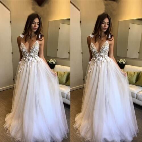 Vestidos largos de fiesta Sexy V-neck Flower Stone Crystals Long Prom Dresses 2020 Sweep Train Tulle Evening Party Dress