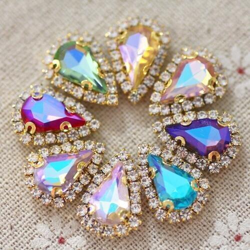 10pcs Mix AB color waterdrop Sew on Rhinestone with Flatback Gold and Silver base DIY Garments Dress Clothing Strass Stones