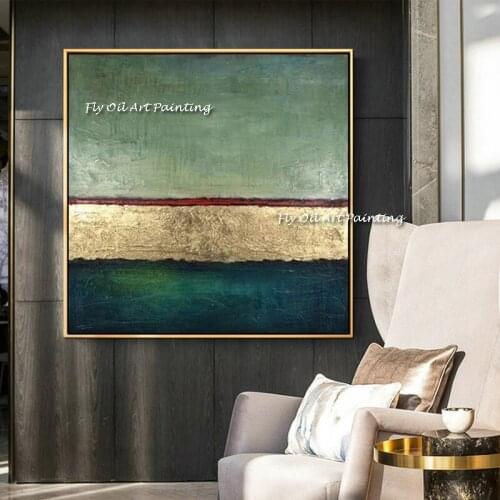 100% Hand Painted Oil Painting Abstract Thick Modern Simple green Gold Color Art Wall Picture Canvas Living Room Home Decor