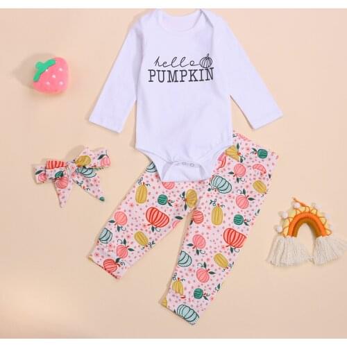 2021 3Pcs Baby Girls Outfits Letters Short/Long Sleeves Romper + Pumpkin Print Shorts/Pants + Hairband for Toddlers, 0-24 Months