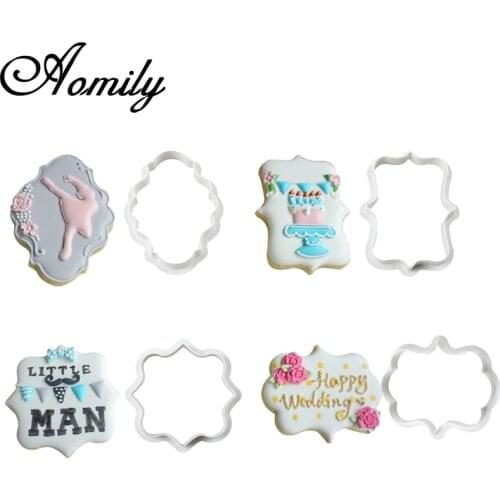 Amoliy 4pcs Nameplate Plaque Border Fondant Cutter DIY Cookie Cake Plastic Mold Kitchen Accessories Fondant Cake Decorating Tool