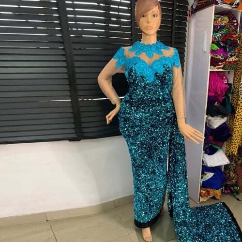 Aso Ebi Style Green Sequins Prom Dresses Mermaid 2021 Lace Appliques Ankle Length African Prom Dress Women Engagement Party Gown