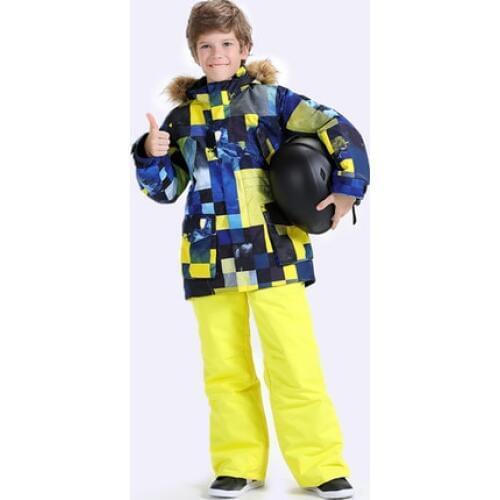 SMN Kids Ski Suit Snowboard Jacket Pant Fur Hooded Boys Skiing Clothing Trouser Winter Coat Windproof Waterproof Child Sport Set
