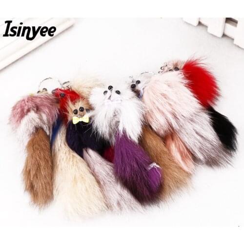 ISINYEE 6 pcs/lot Cute Fox Tail Charm Keychains For Women Girls Kids Bag Faux Rabbit Fur Fluffy Key Chains Keyring Random Color