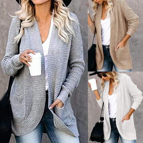 2021 Knitted Long Sleeve Women Cardigan Autumn Winter Open Front Drape Pockets Cardigan Casual Coat Ladies Sweater Outerwear
