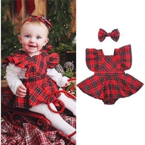 Hot Sale Infant Baby Girls Fly Sleeve Square Collar Plaid Romper Skirt Bow Headband 2Pcs Outfits Christmas Clothes Set 0-24M